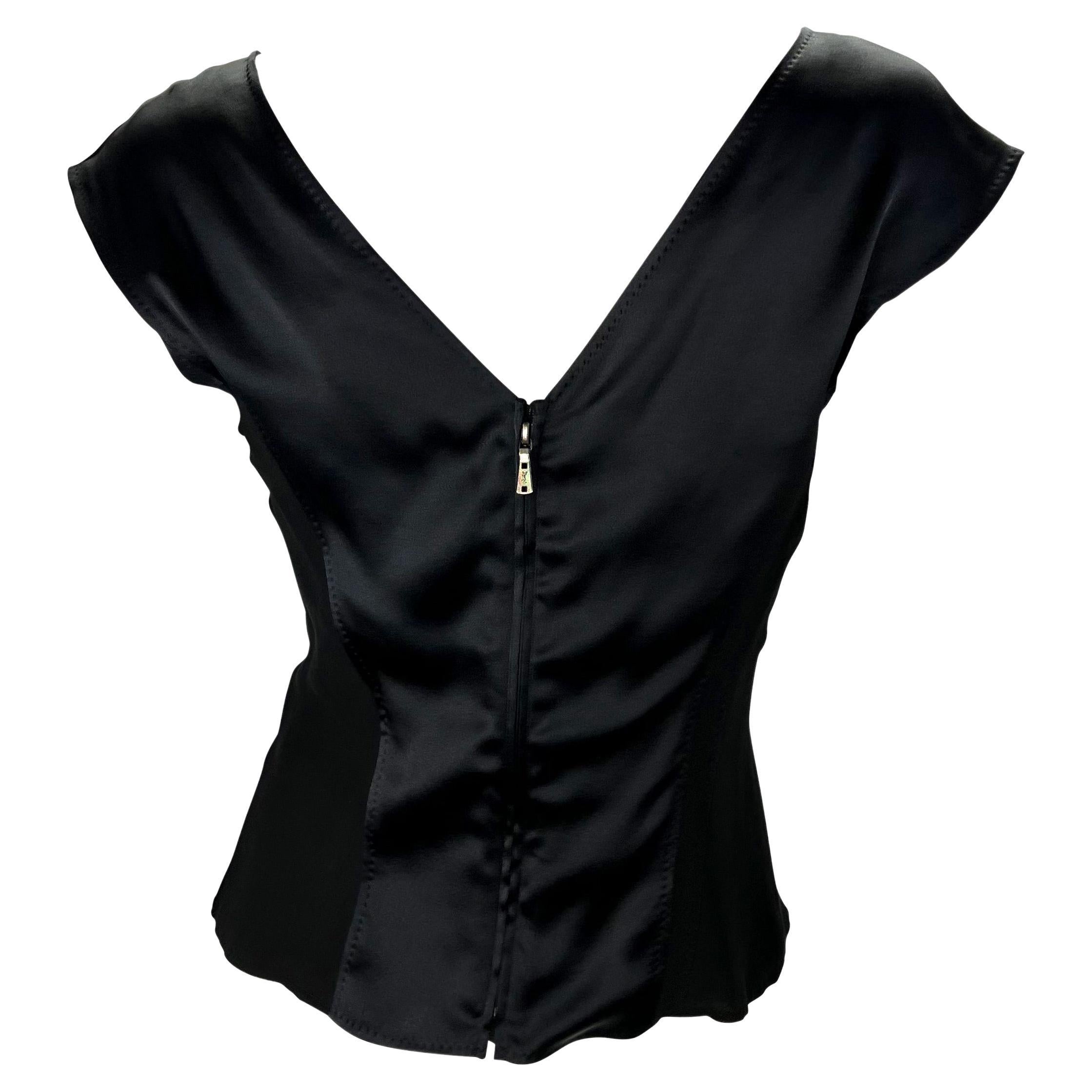 2000s Yves Saint Laurent by Tom Ford Black Satin Panel Sheer Plunging Top In Excellent Condition In West Hollywood, CA