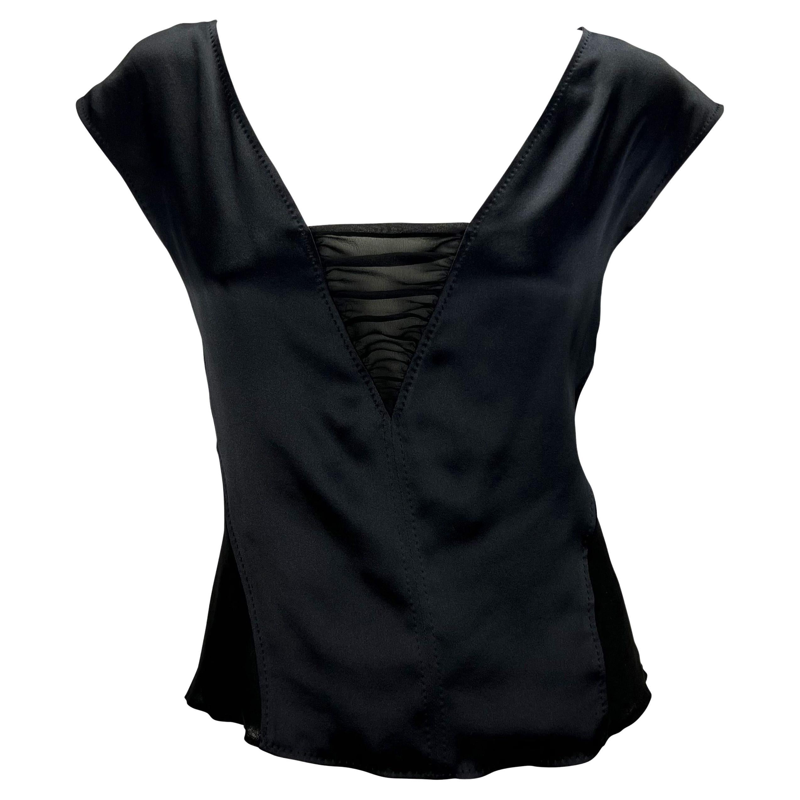 2000s Yves Saint Laurent by Tom Ford Black Satin Panel Sheer Plunging Top