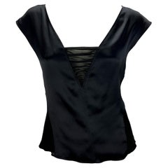 2000s Yves Saint Laurent by Tom Ford Black Satin Panel Sheer Plunging Top