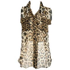 2000s Yves Saint Laurent by Tom Ford Leopard Print Sleeveless Silk Blouse