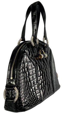 2000s Yves Saint Laurent Genuine Crocodile Skin Rhinestone Black Mini Dome Bag