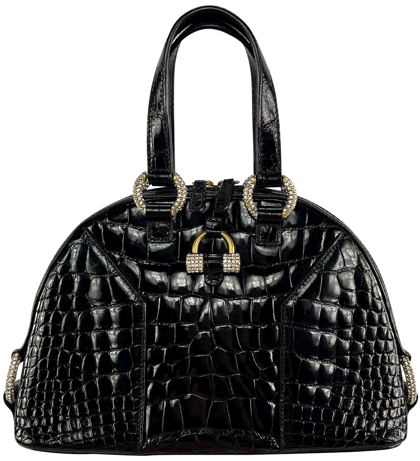 2000s Yves Saint Laurent Genuine Crocodile Skin Rhinestone Black Mini Dome Bag In Excellent Condition For Sale In West Hollywood, CA