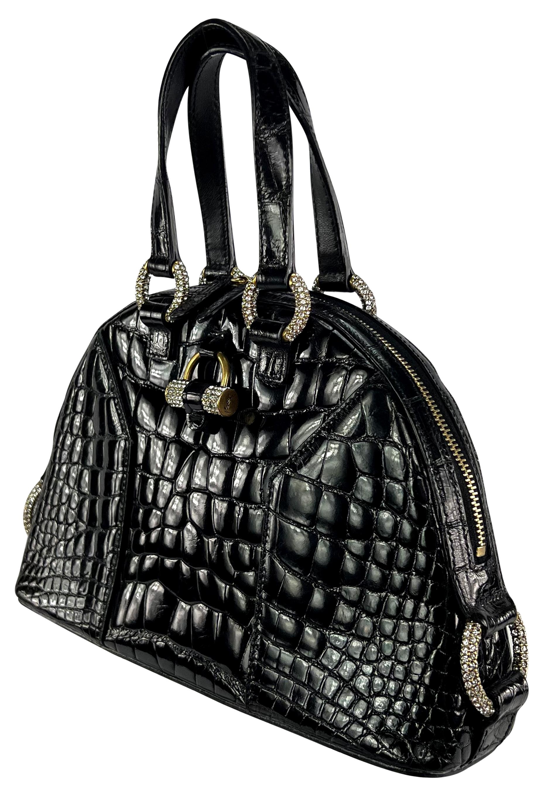 Women's 2000s Yves Saint Laurent Genuine Crocodile Skin Rhinestone Black Mini Dome Bag For Sale