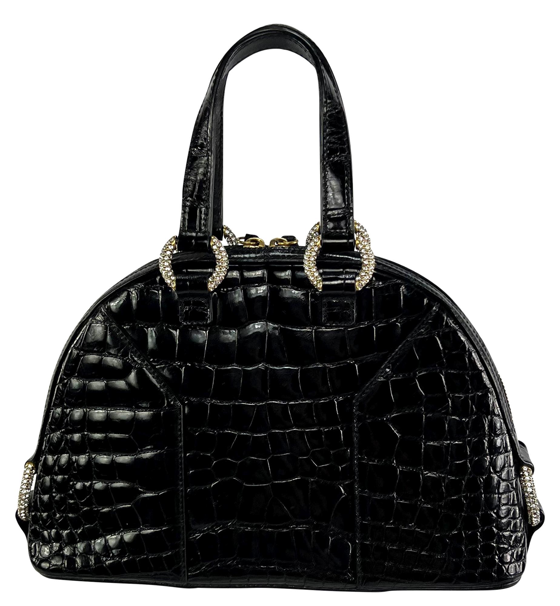 2000s Yves Saint Laurent Genuine Crocodile Skin Rhinestone Black Mini Dome Bag For Sale 1