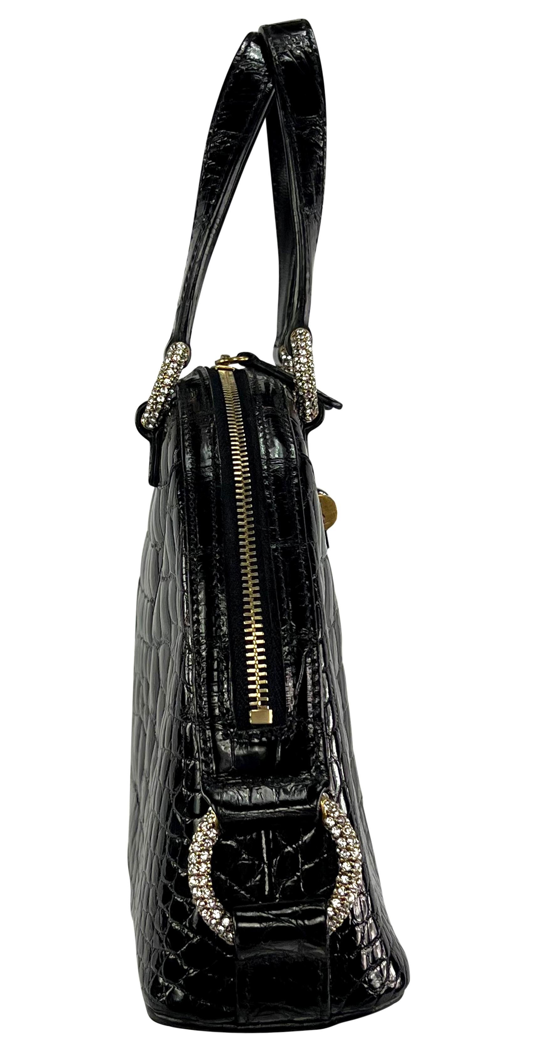 2000s Yves Saint Laurent Genuine Crocodile Skin Rhinestone Black Mini Dome Bag For Sale 2