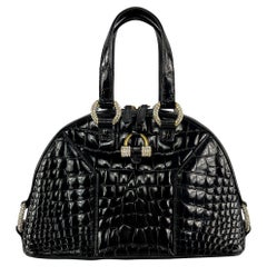 2000s Yves Saint Laurent Genuine Crocodile Skin Rhinestone Black Mini Dome Bag