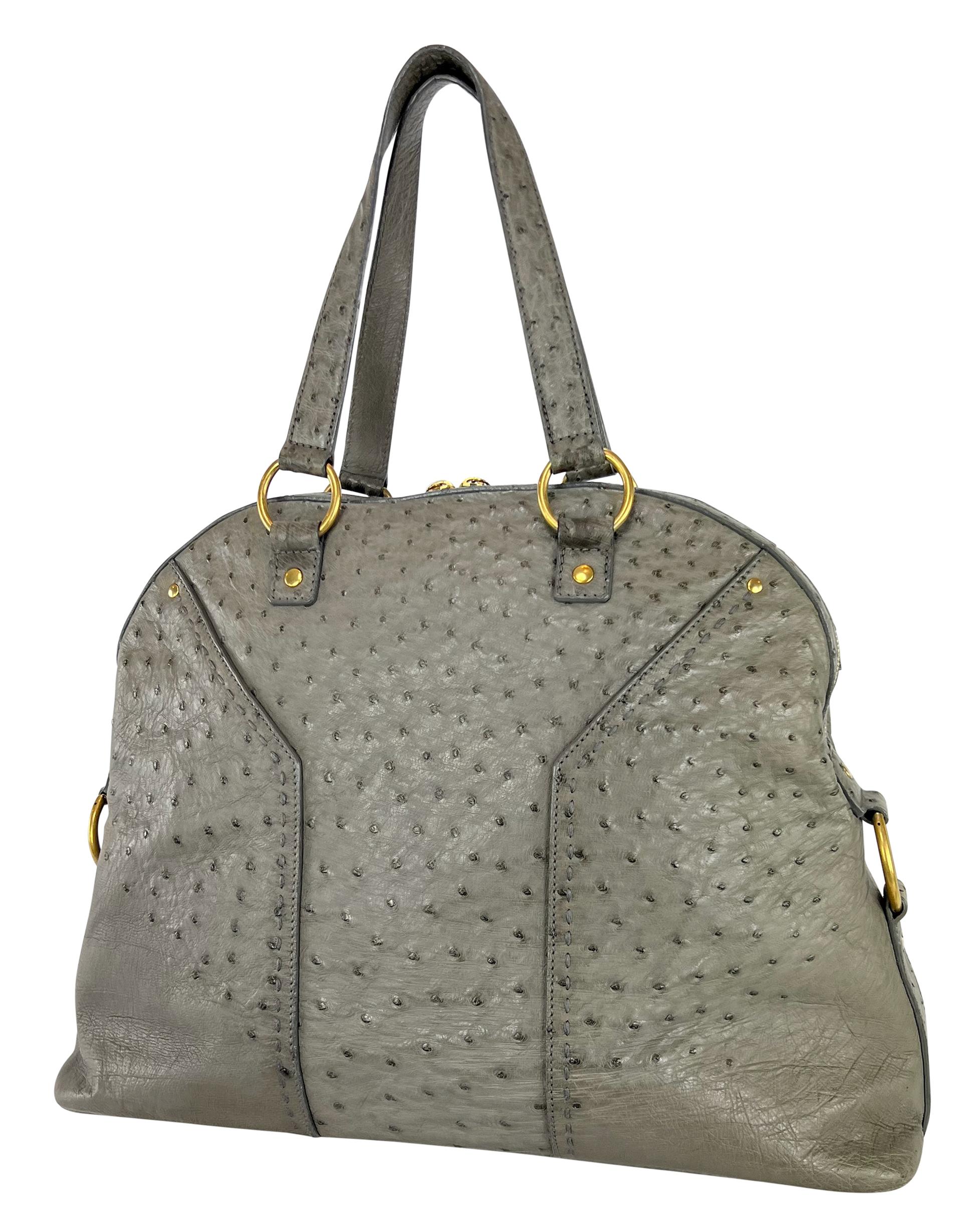 2000s Yves Saint Laurent Genuine Ostrich Skin XL Grey Muse Tote Bag In Excellent Condition For Sale In West Hollywood, CA