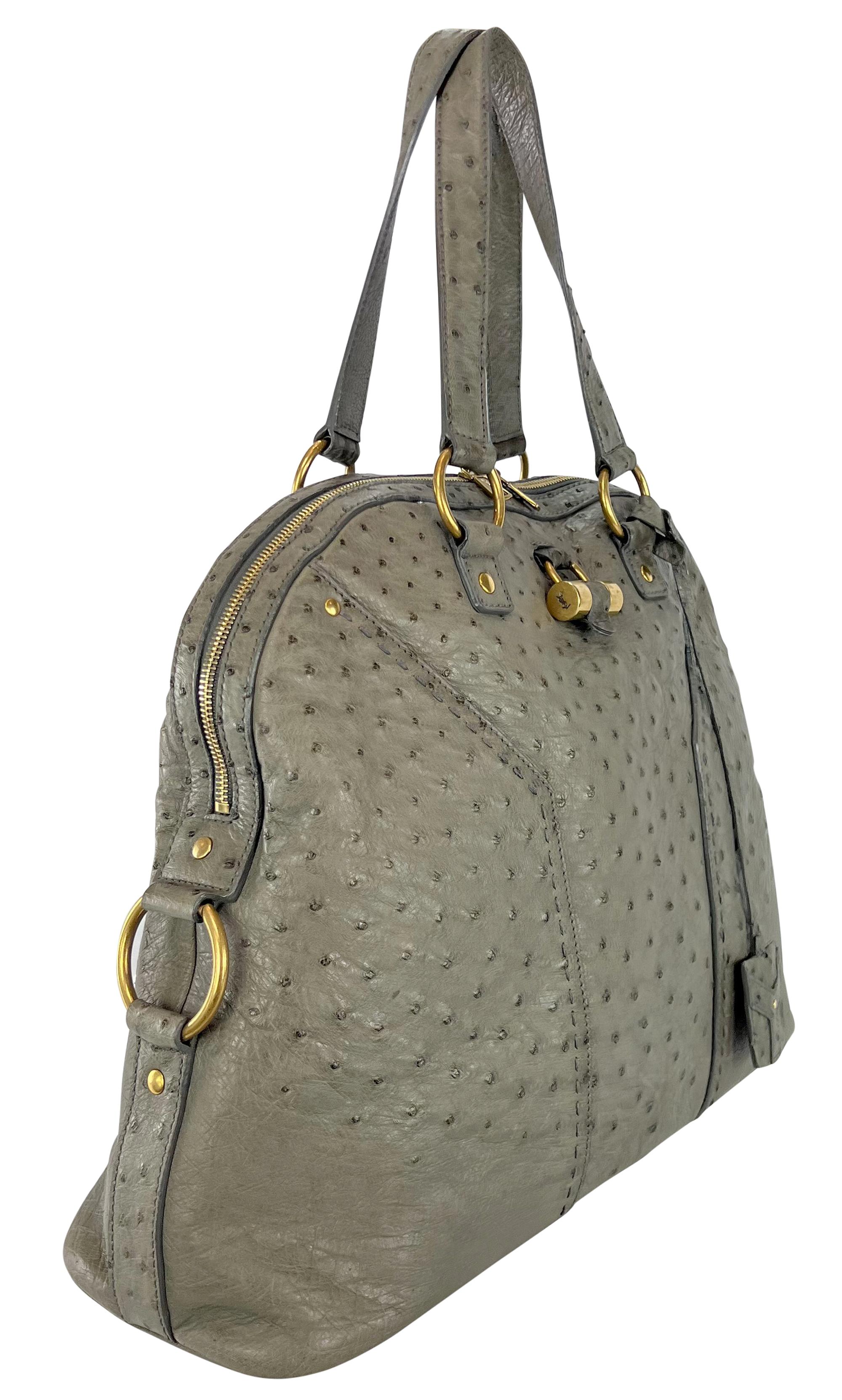 Women's 2000s Yves Saint Laurent Genuine Ostrich Skin XL Grey Muse Tote Bag For Sale