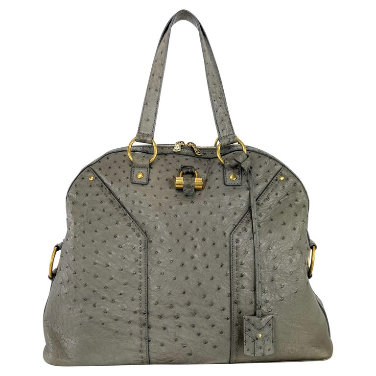 2000s Yves Saint Laurent Genuine Ostrich Skin XL Grey Muse Tote 