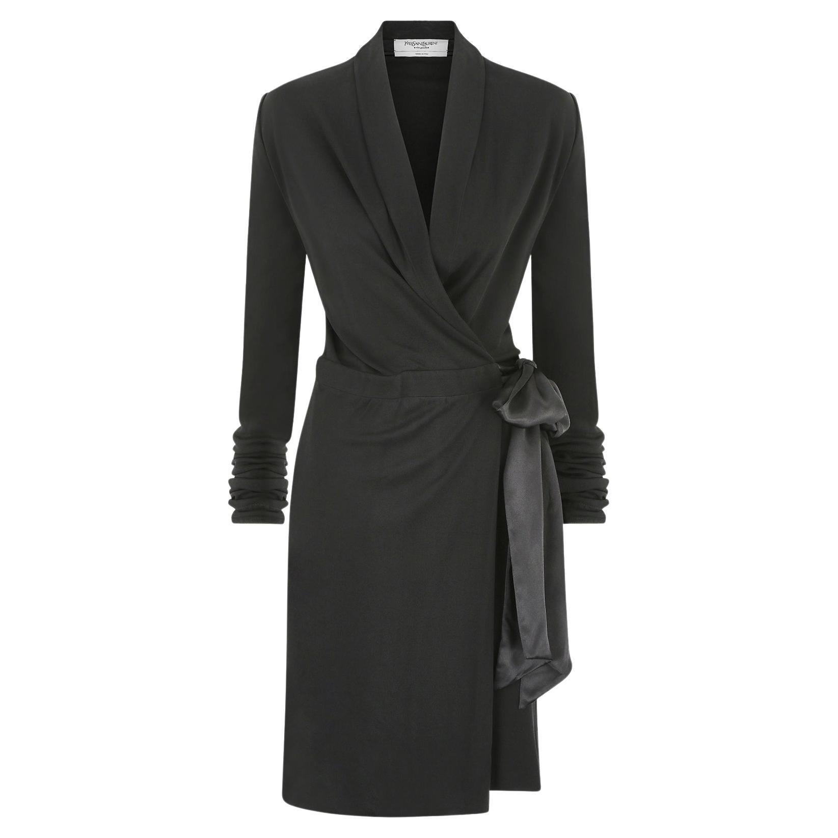 2000s Yves Saint Laurent Long Sleeve Black Jersey Wrap Dress For Sale