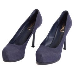SPECIAL HOLIDAY PRICE:2000s Yves Saint Laurent platform pumps in dark blue denim