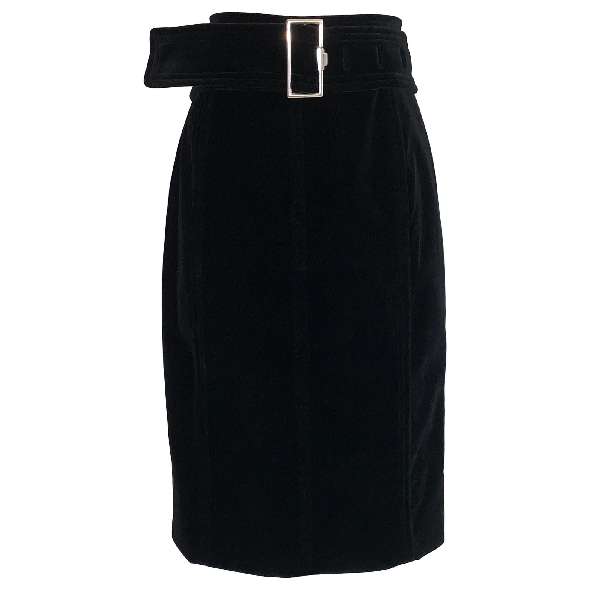 2000s Yves Saint Laurent Rive Gauche Black Velvet Pencil Skirt with Belt