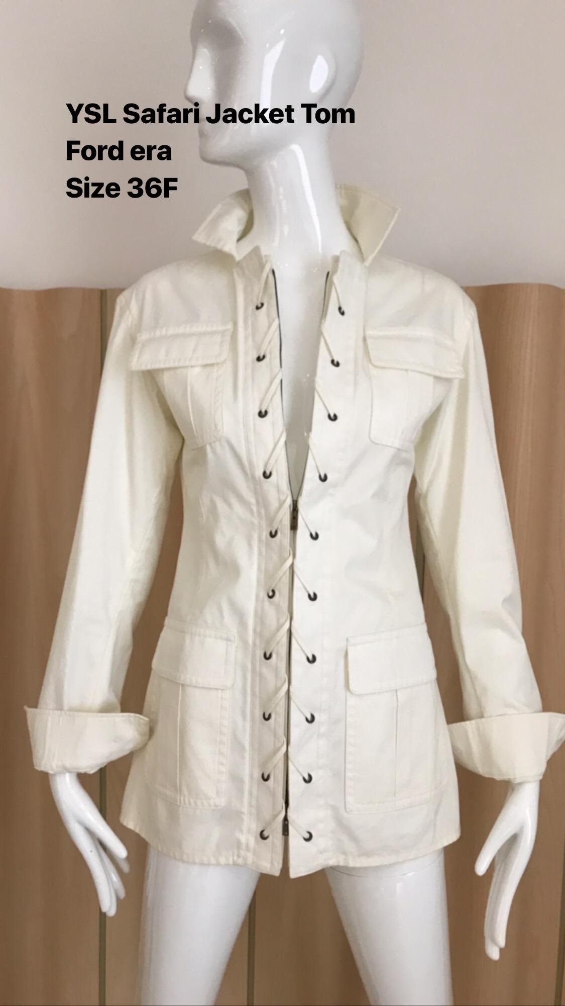 2000s Yves Saint Laurent White Cotton Safari Jacket  4