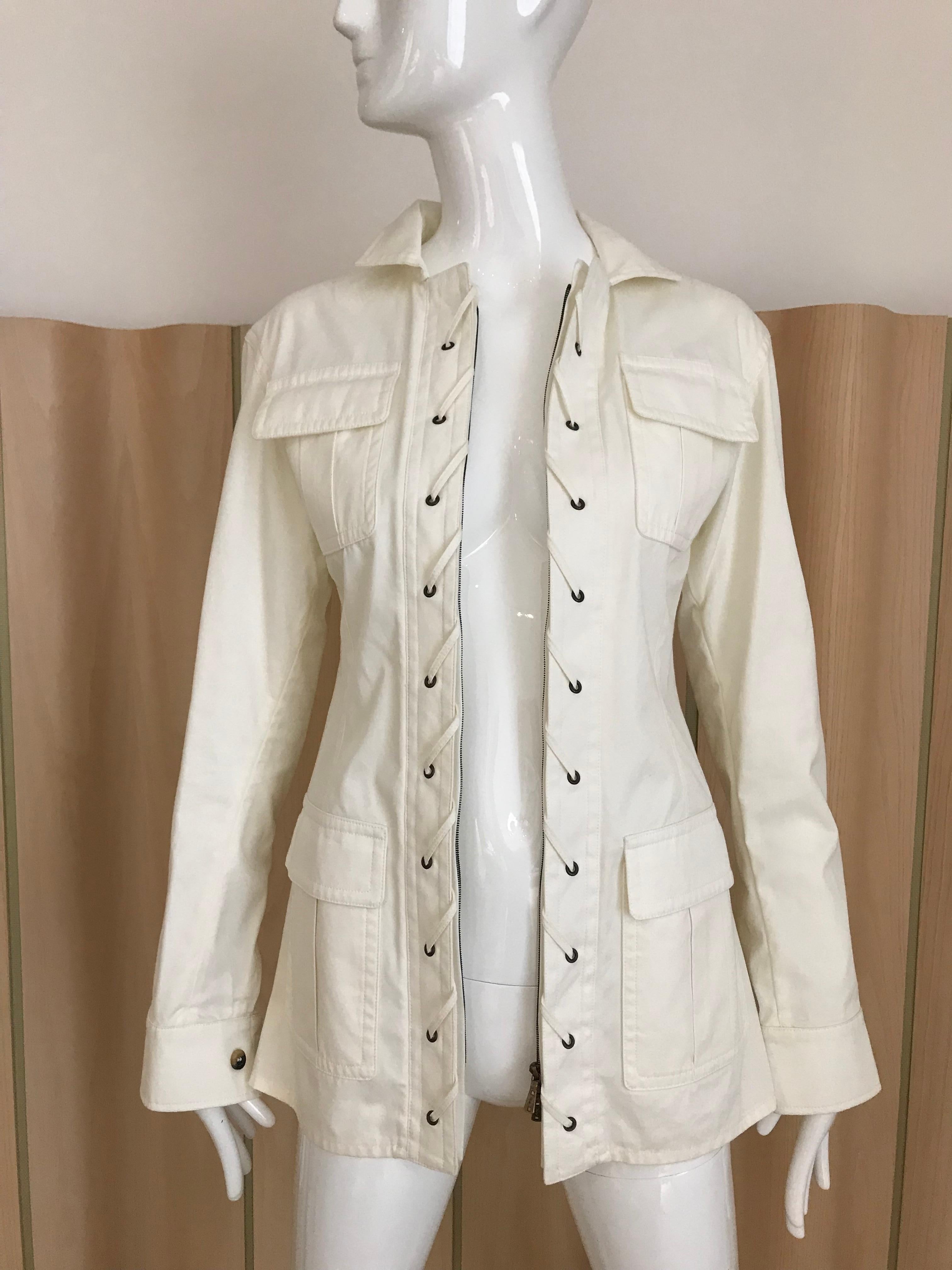 2000s Yves Saint Laurent White Cotton Safari Jacket  1