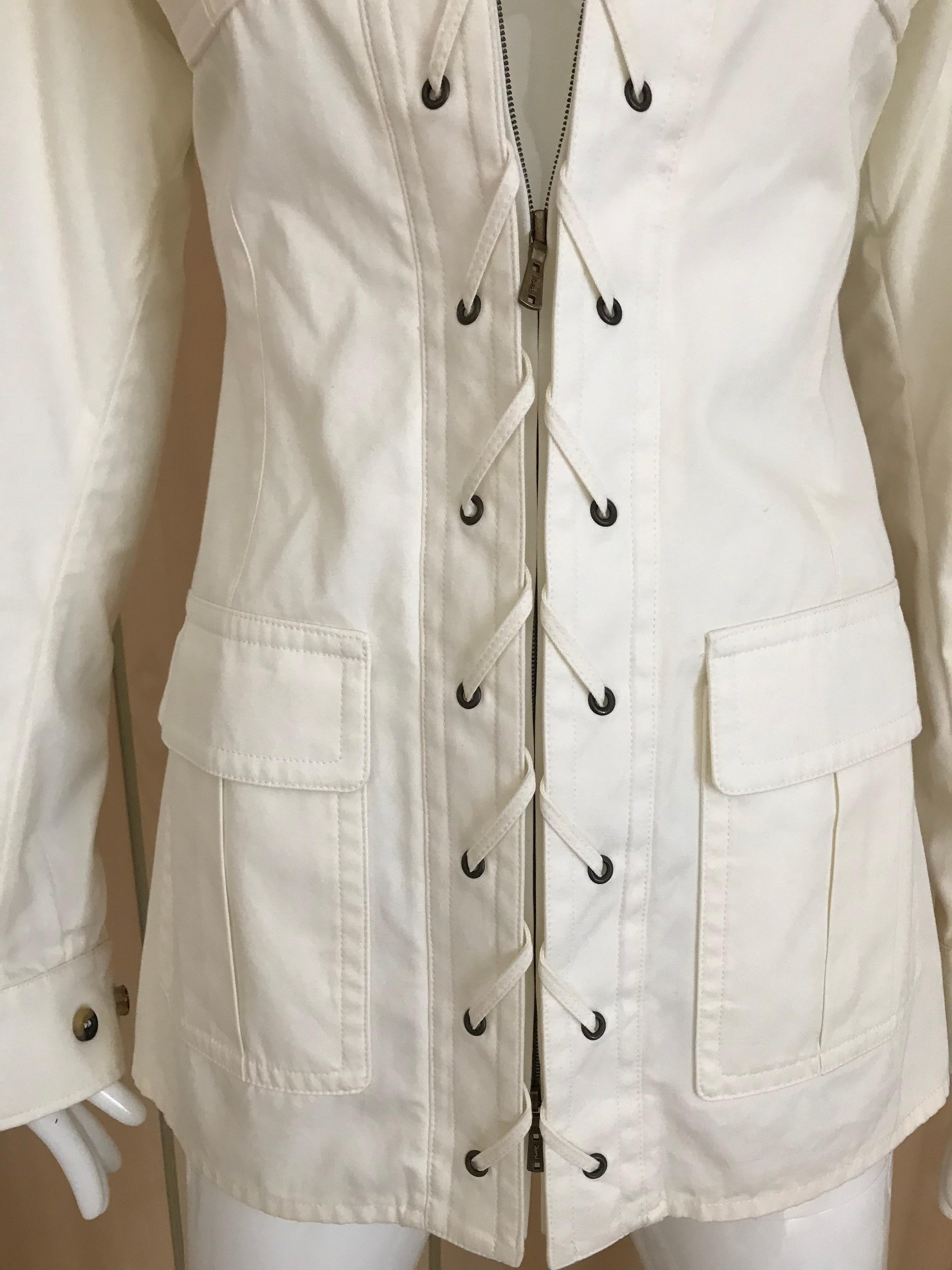 2000s Yves Saint Laurent White Cotton Safari Jacket  3