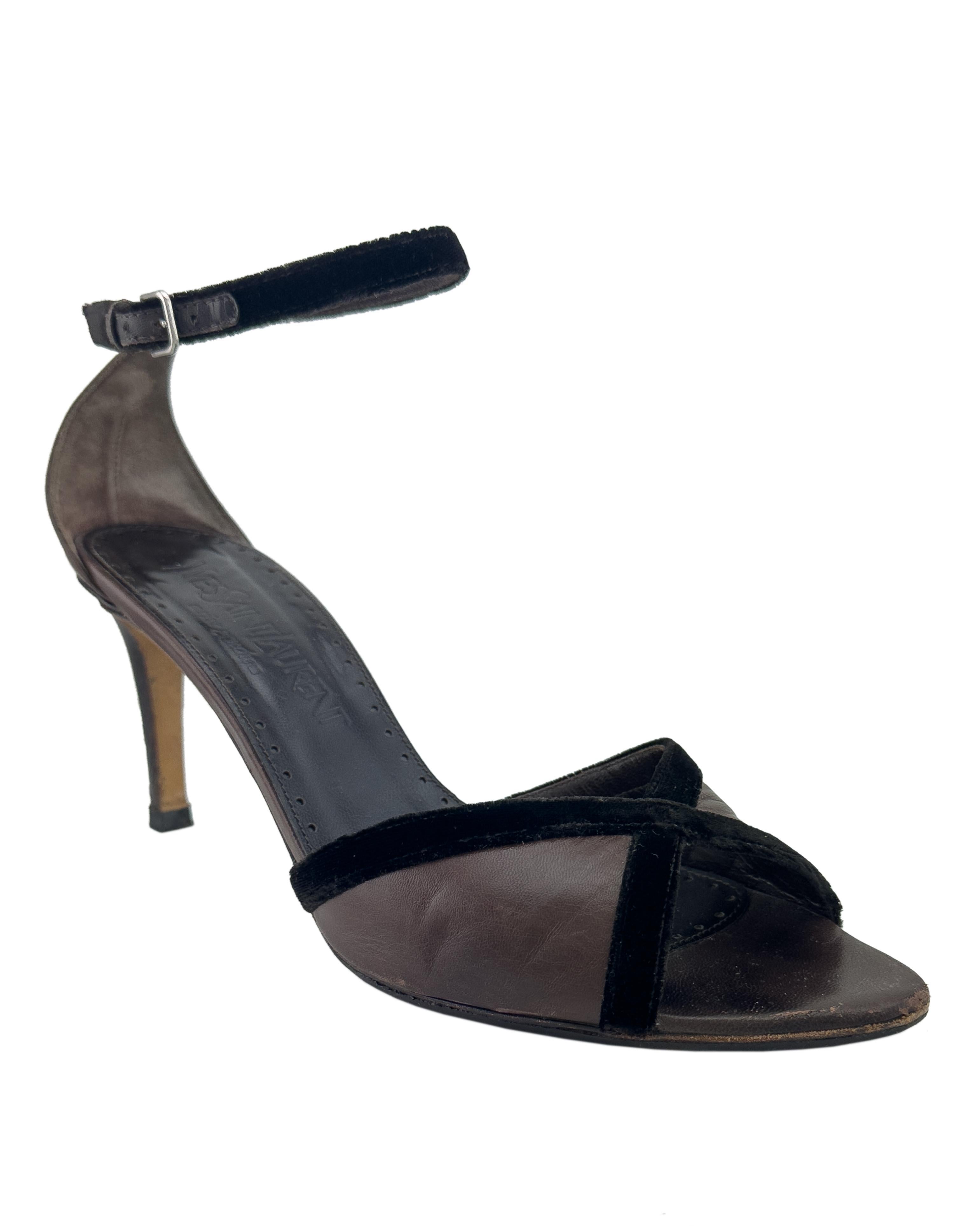 Extremely chic Yves Saint Laurent Rive Gauche open toe heels from the 2000s. Brown leather toe with a crossed brown velvet trim and ankle strap. 2.5