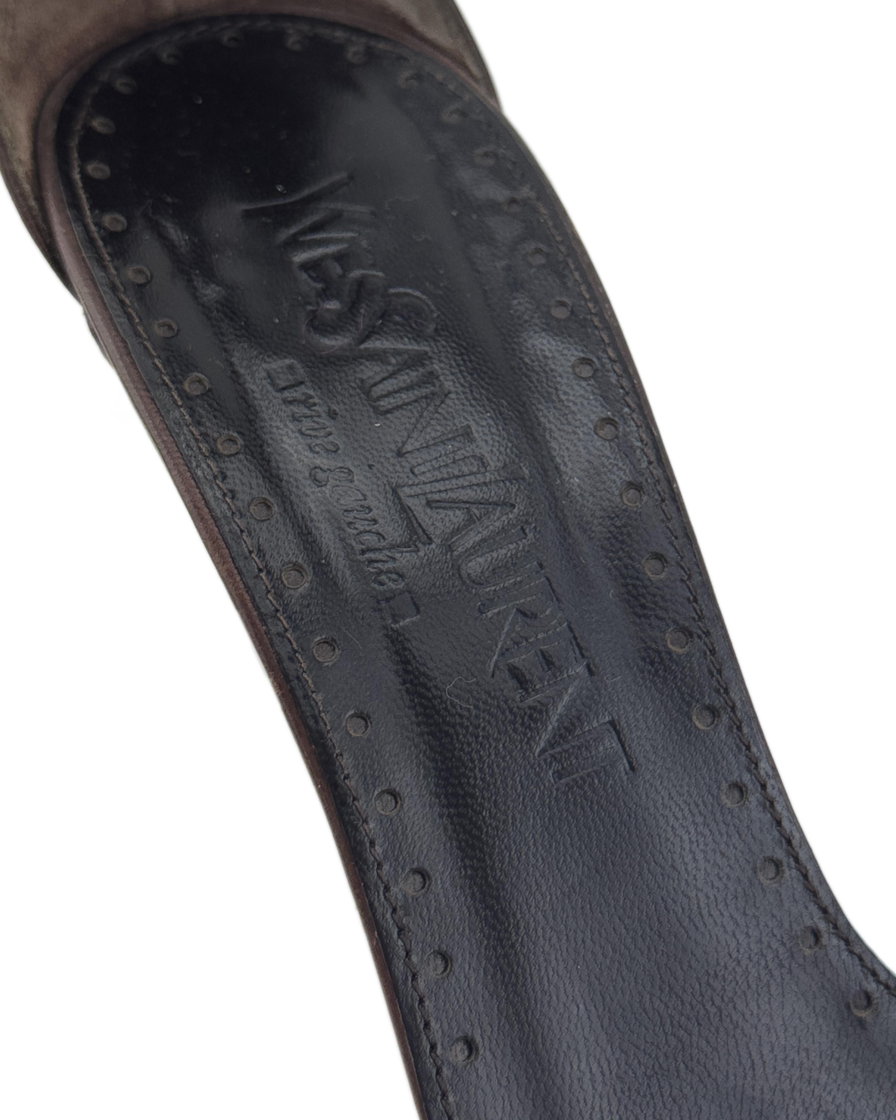 2000s Yves Saint Laurent/YSL Brown Leather Heels with Velvet Trim For Sale 1