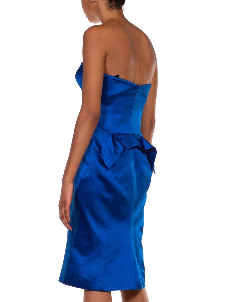 2000s Zac Posen Electric Blue Silk Duchess Satin Strapless Cocktail Dress