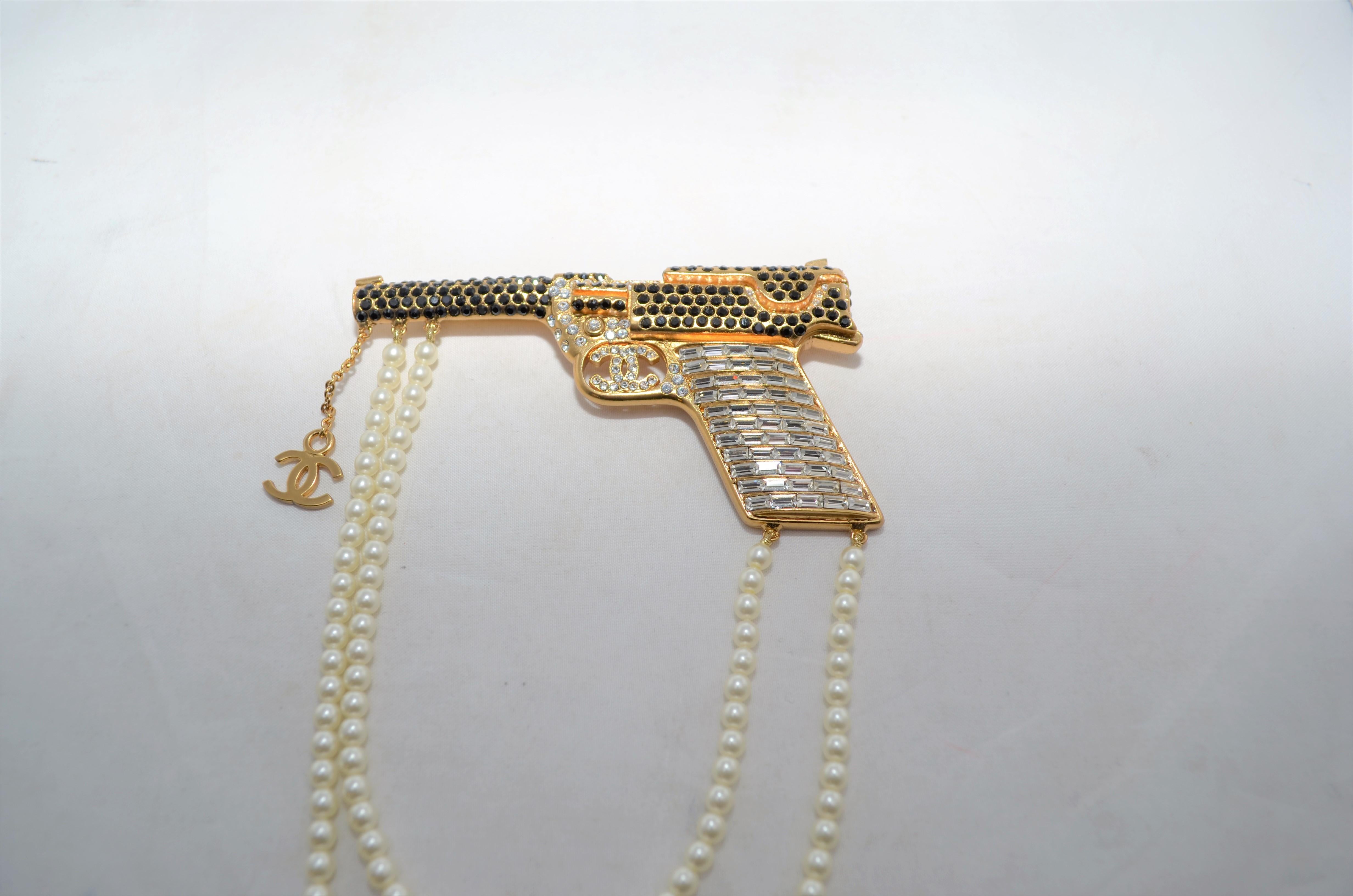Baguette Cut 2001 A Chanel Gun Brooch Pin with Rhinestones and Pearls