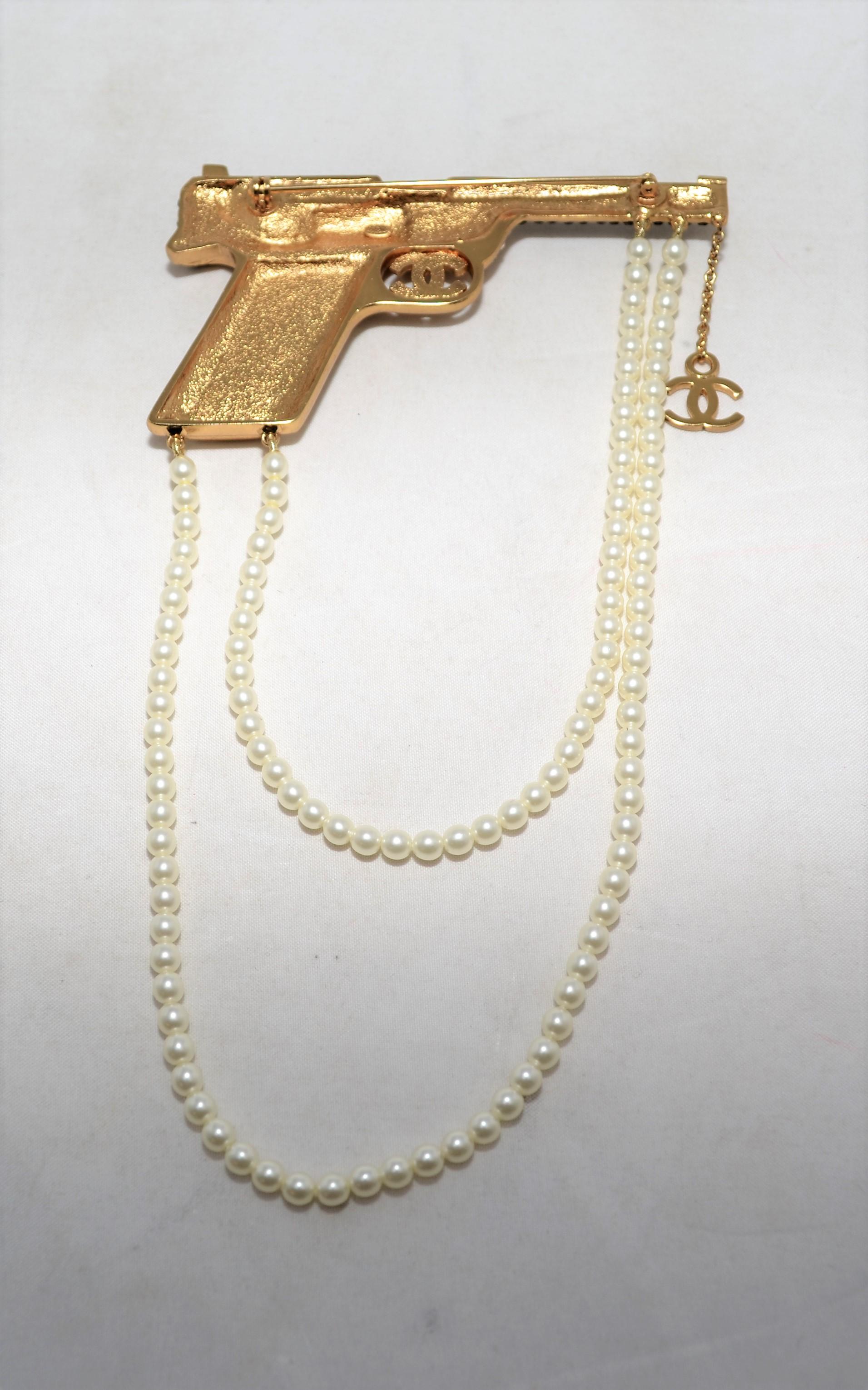 2001 A Chanel Gun Brooch Pin with Rhinestones and Pearls In Excellent Condition In Carmel, CA