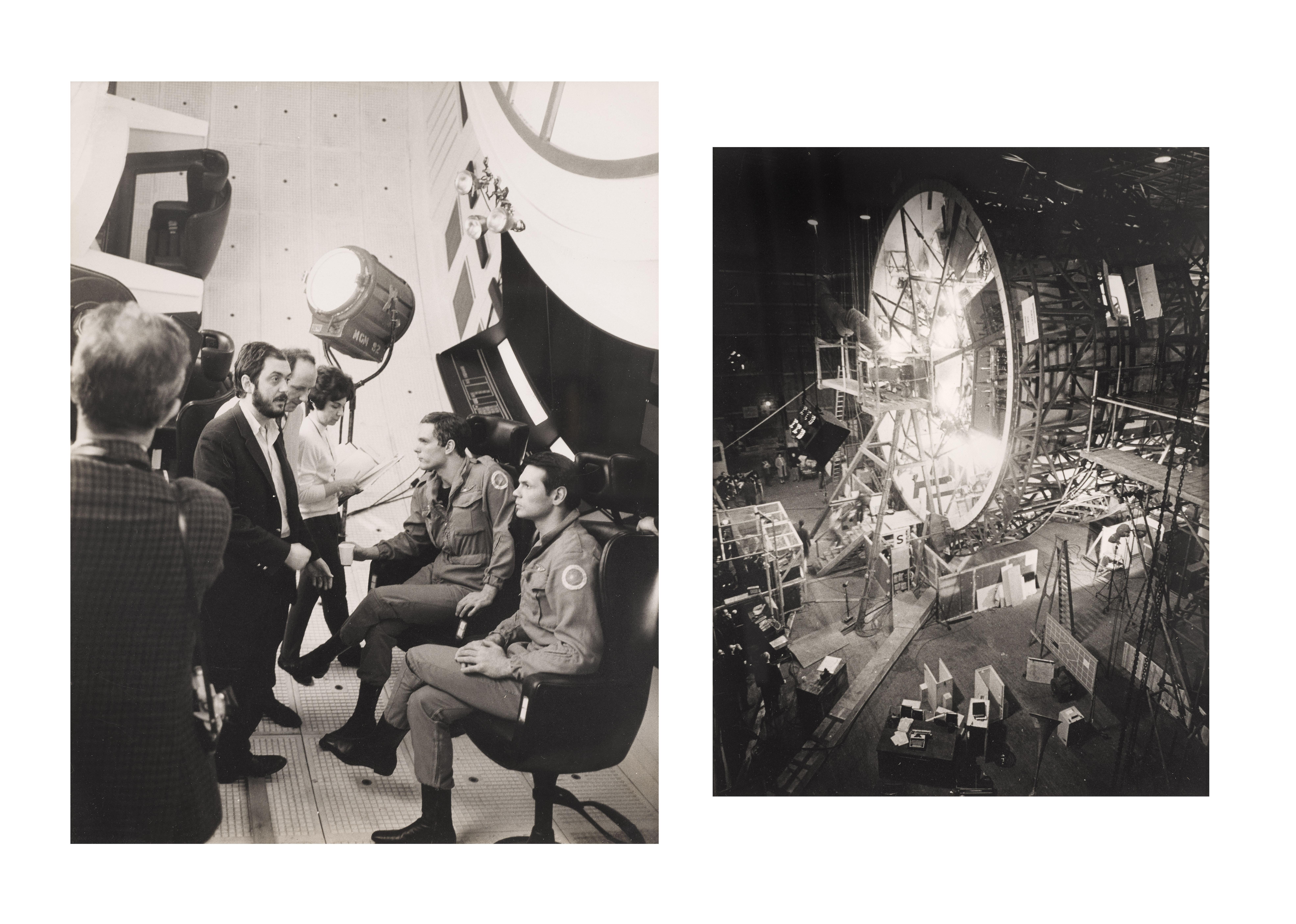 2 Original double weight candid photographs for Stanley Kubrick's landmark science fiction film that is still considered one of the most influential sci-fi films of all time. (one oversized and one regular size ) The large oversized still is 14 1/4
