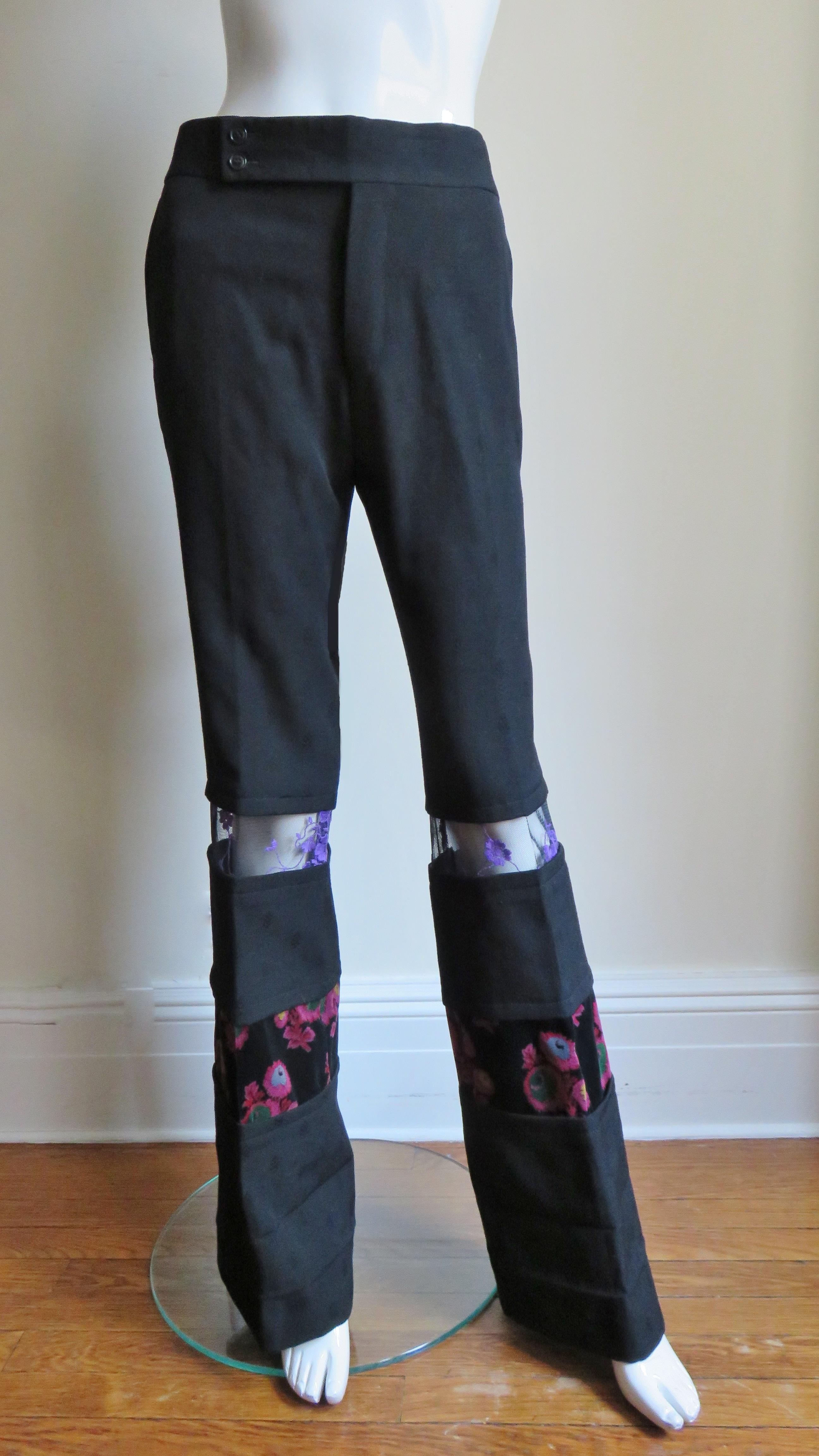 Black 2001 AD Comme des Garcons Pants with Velvet and Lace Panels