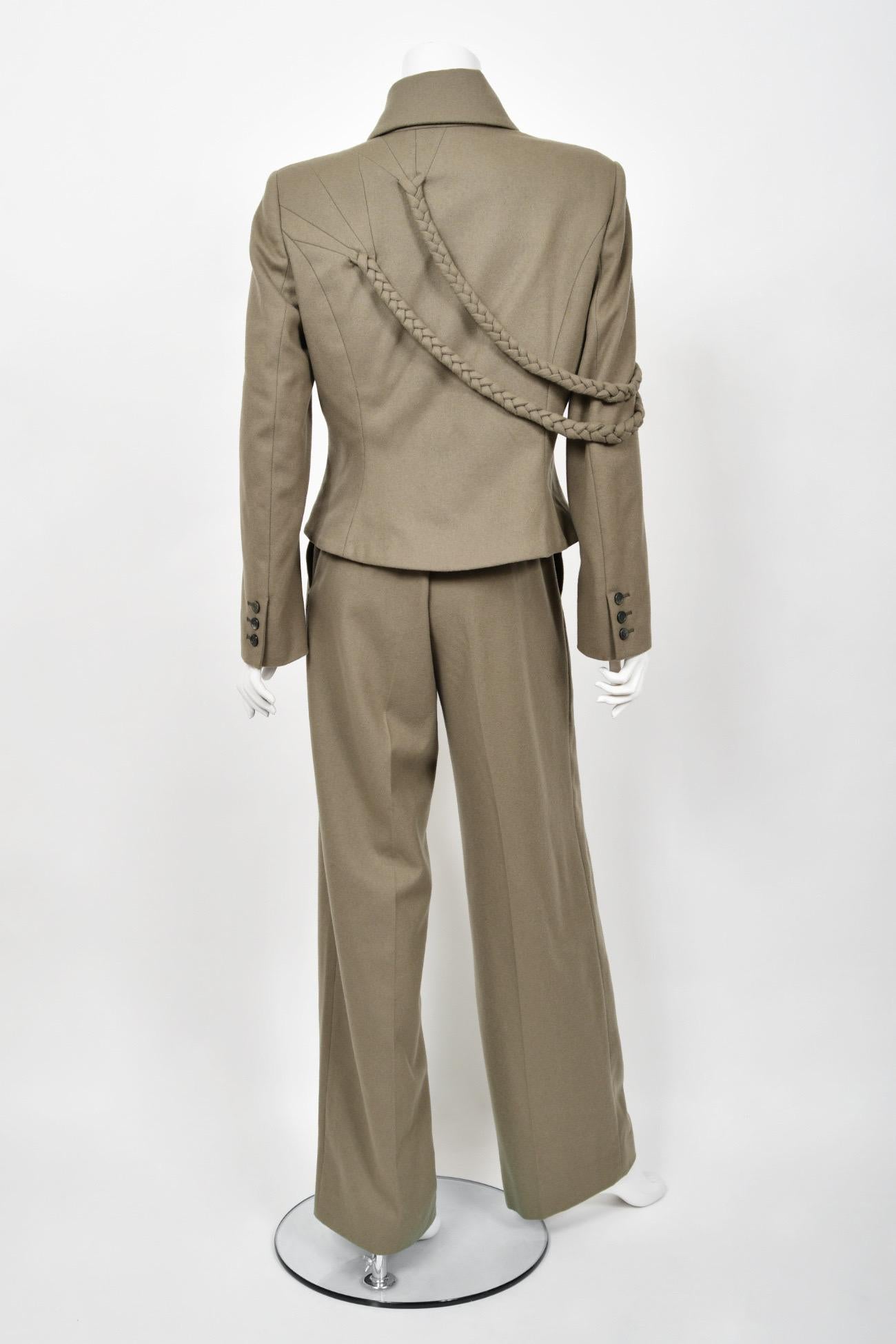 2001 Alexander McQueen Documented Runway Moss-Green Wool Braided Jacket Pantsuit For Sale 9