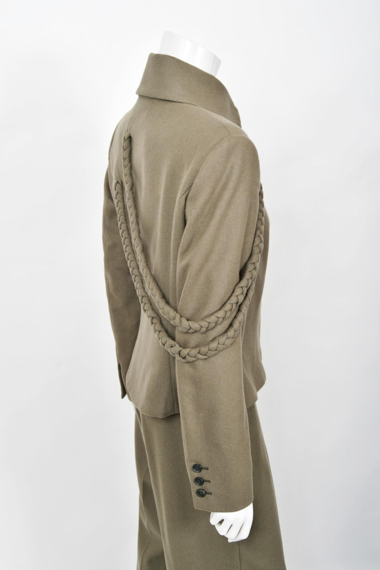 2001 Alexander McQueen Documented Runway Moss-Green Wool Braided Jacket Pantsuit For Sale 10