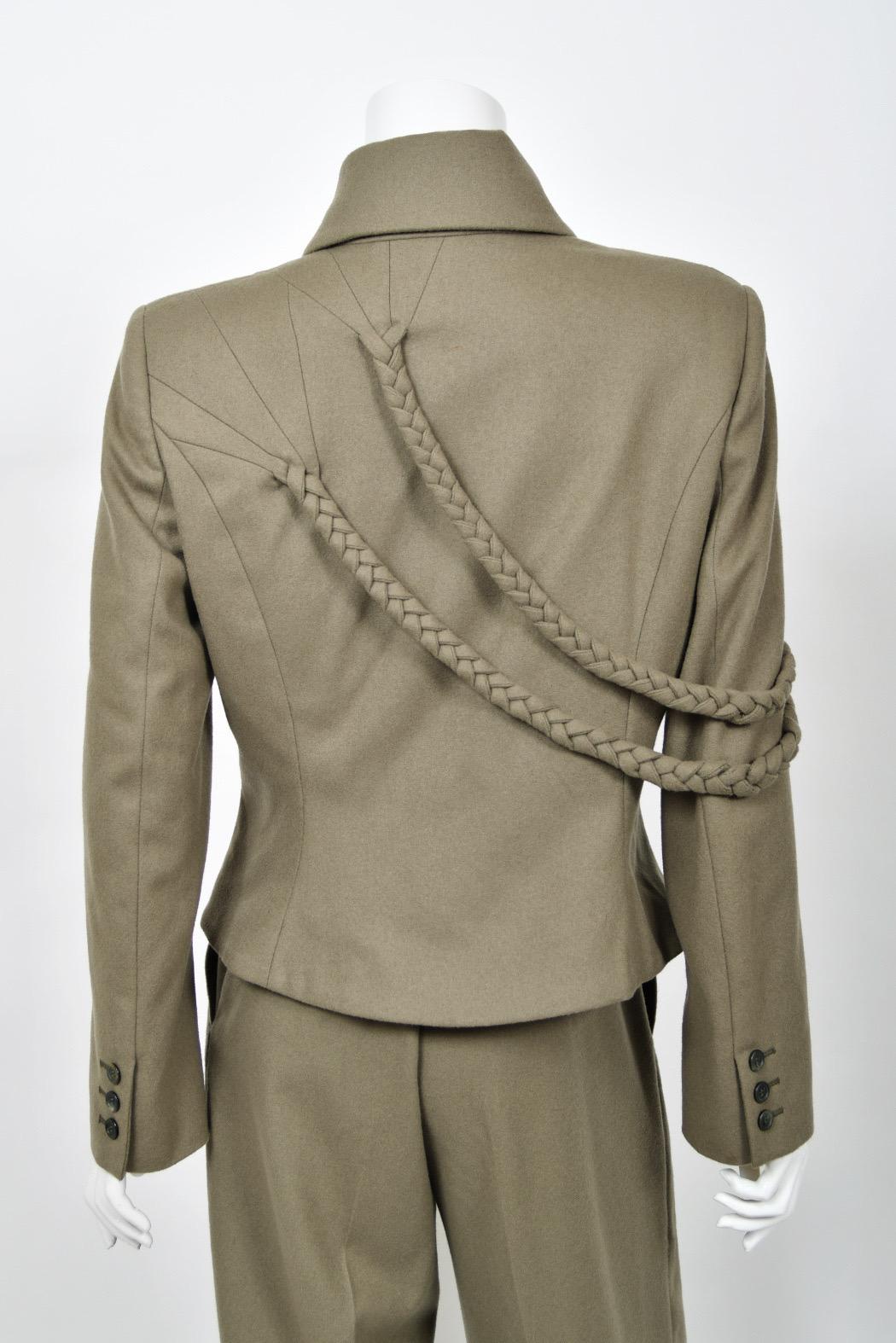 2001 Alexander McQueen Documented Runway Moss-Green Wool Braided Jacket Pantsuit For Sale 11