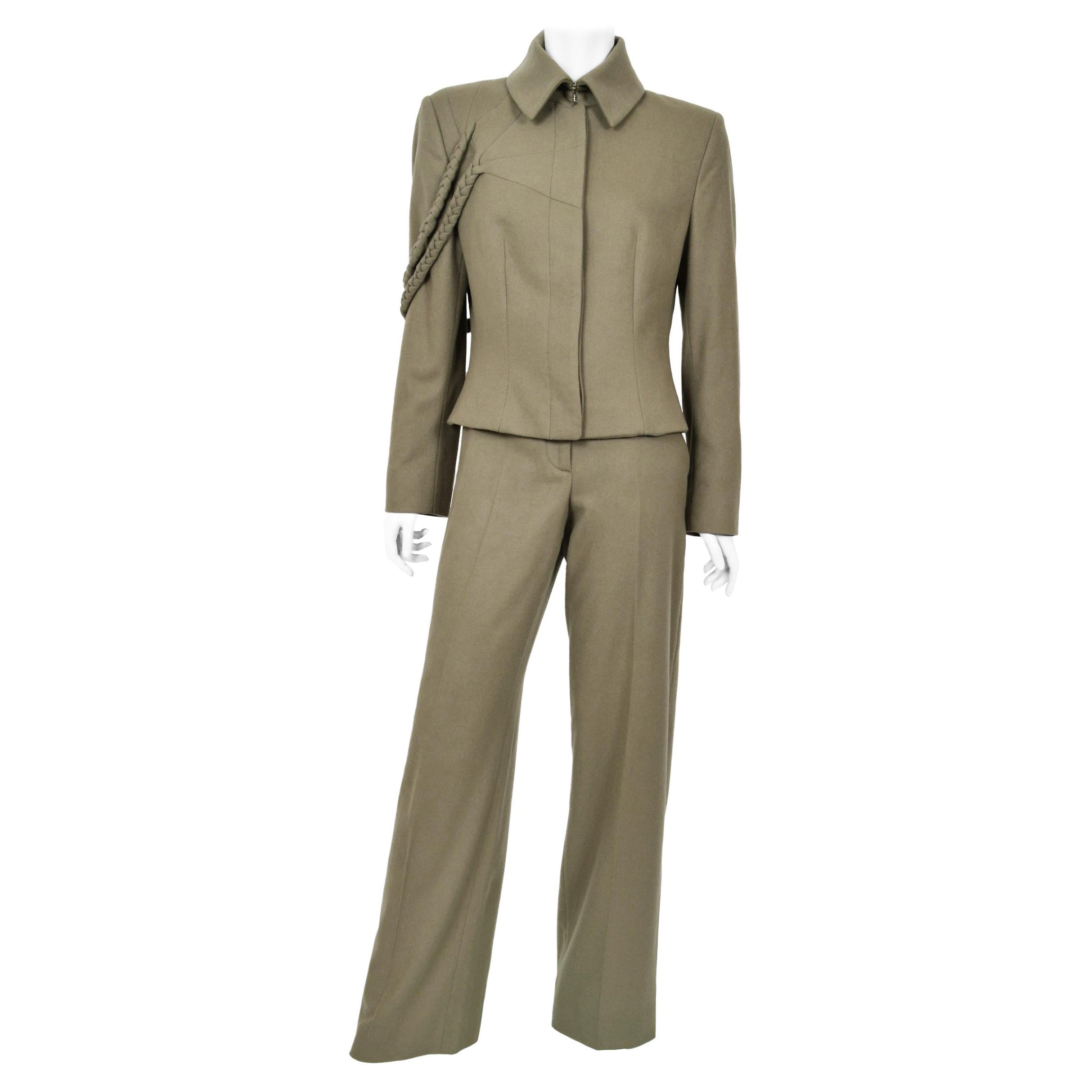 2001 Alexander McQueen Documented Runway Moss-Green Wool Braided Jacket Pantsuit For Sale