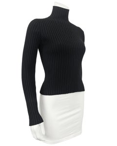2001 Autumn Chanel Black Poly Knit Ribbed Mock Neck Sweater with Logo Buttons