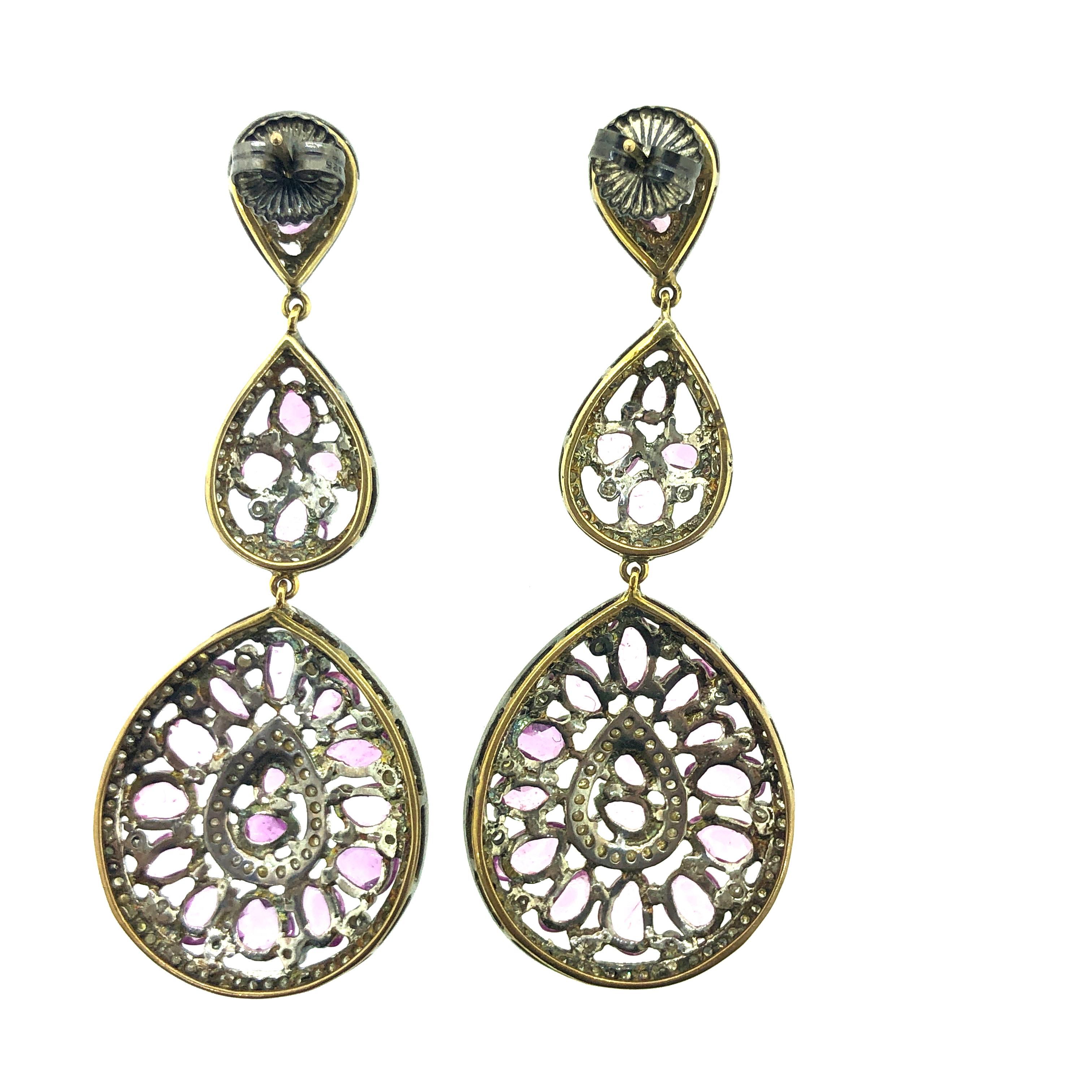 Contemporary 20.01 Carat Pink Sapphire, Diamond Earring Oxidized Sterling Silver, 14K Gold For Sale