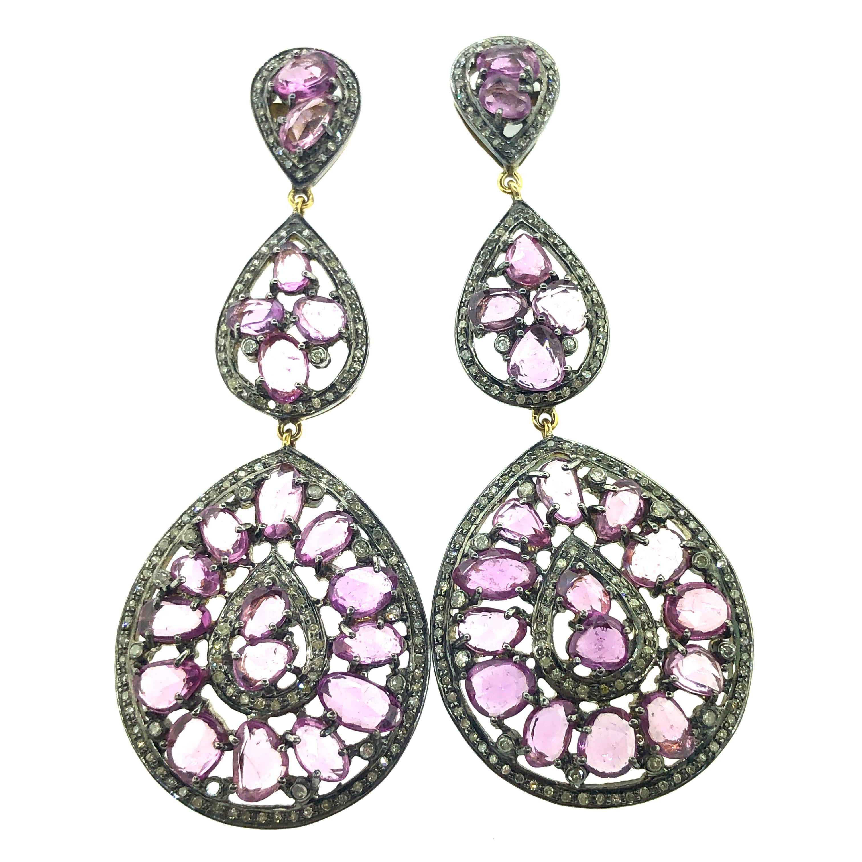 Rose Cut 20.01 Carat Pink Sapphire, Diamond Earring Oxidized Sterling Silver, 14K Gold For Sale