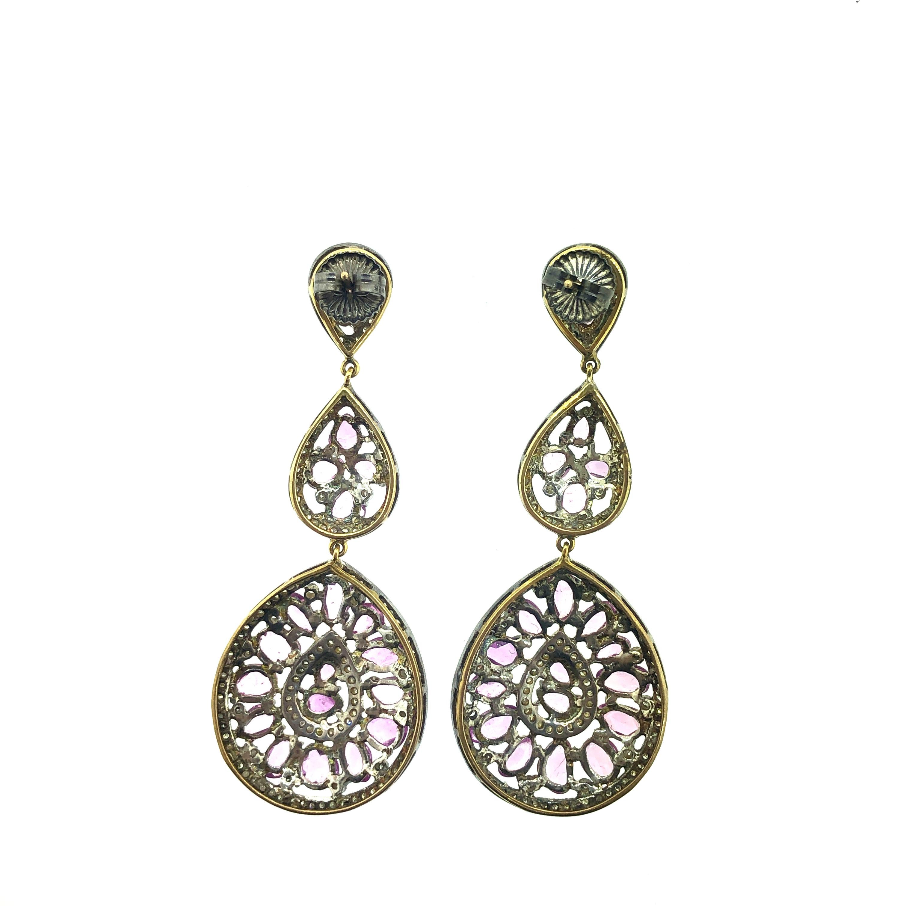 20.01 Carat Pink Sapphire, Diamond Earring Oxidized Sterling Silver, 14K Gold In New Condition For Sale In New York, NY