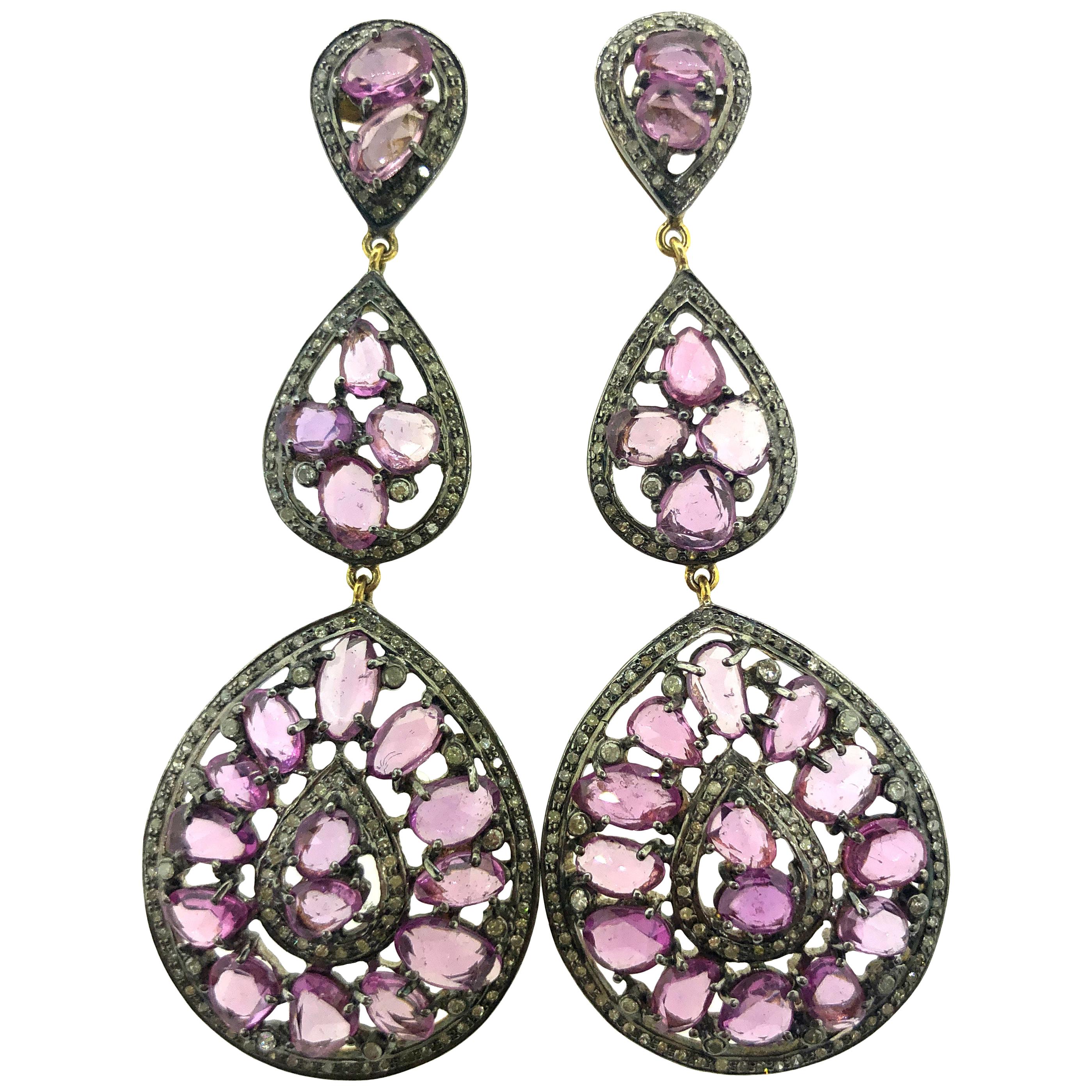 20.01 Carat Pink Sapphire, Diamond Earring Oxidized Sterling Silver, 14K Gold For Sale