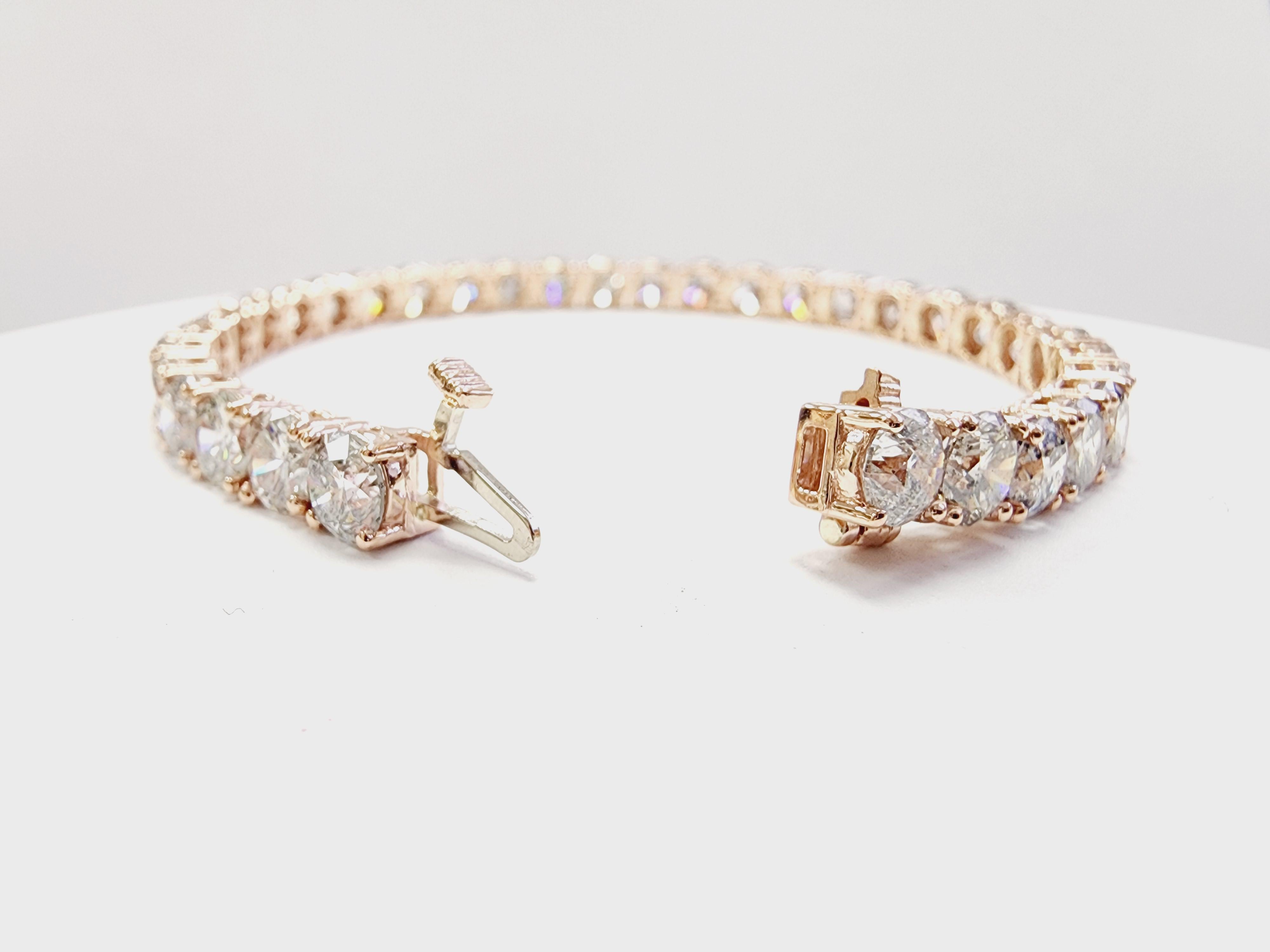Round Cut 20.01 Carat Round Natural Diamond Tennis Bracelet 14 Karat Rose Gold