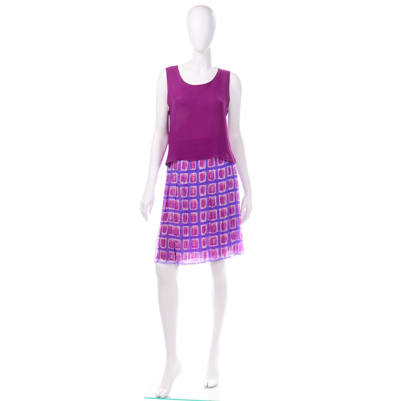 2001 Chanel CC Logo Monogram Purple & Raspberry Pink Silk Skirt W Sleeveless Top 1