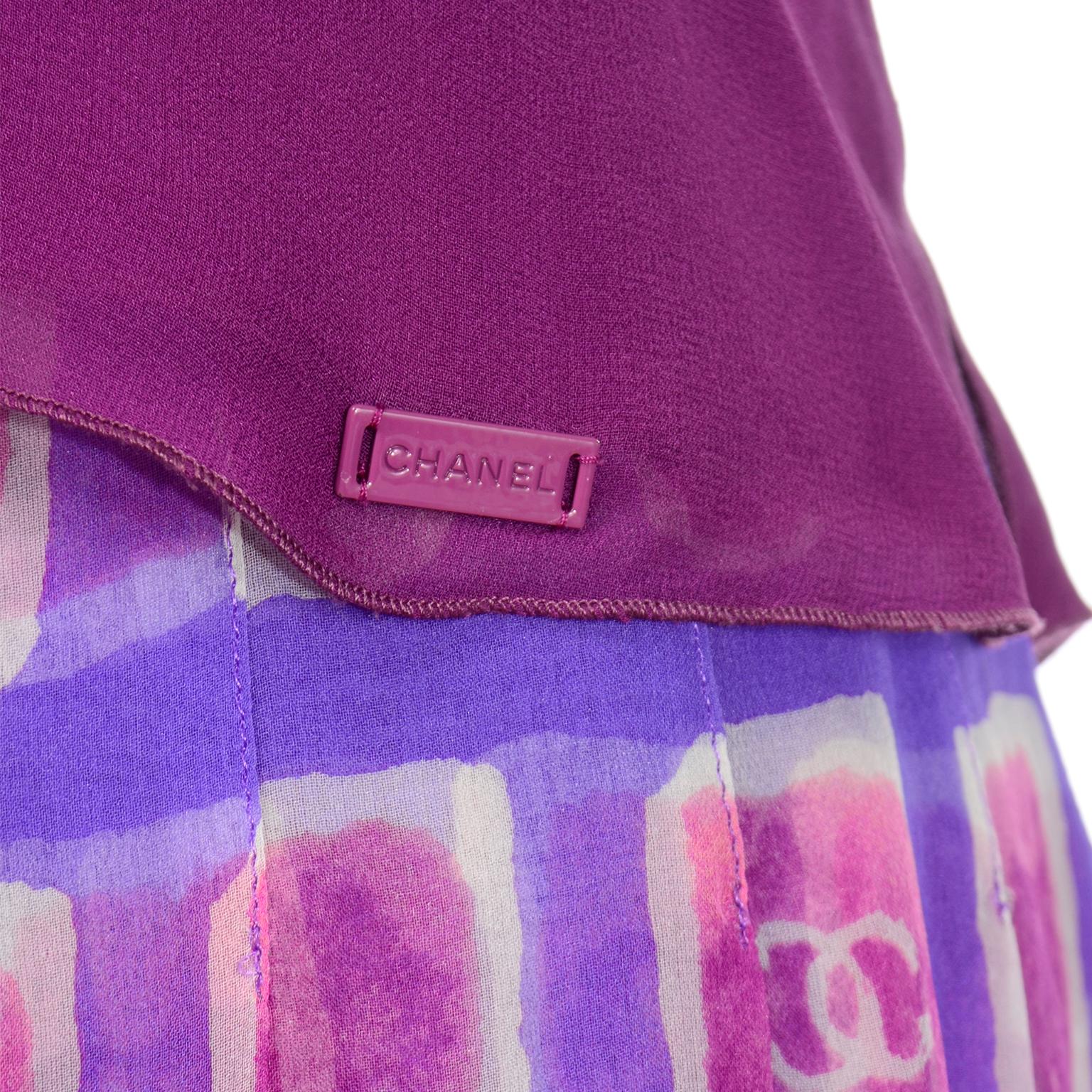 2001 Chanel CC Logo Monogram Purple & Raspberry Pink Silk Skirt W Sleeveless Top 3