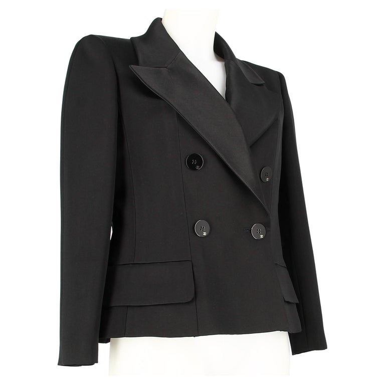 2001 Chanel Double Breasted Black Silk Blazer For Sale at 1stDibs
