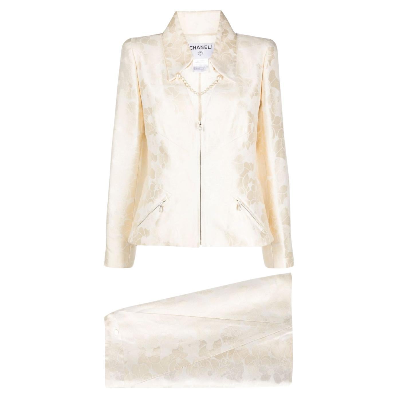 2001, Chanel Ivory Camellia Two-Piece Skirt Suit For Sale