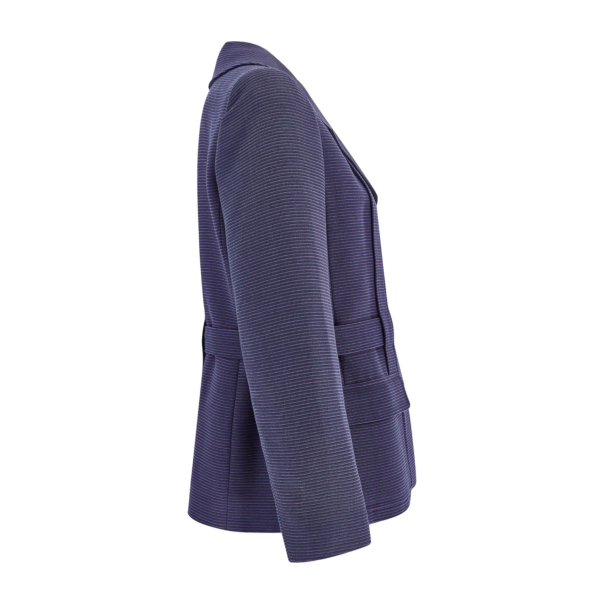 Chanel Spring 2001 jacket designed by Karl Lagerfeld. Woven from a soft aubergine-purple wool-silk mix, it is patterned with subtle violet stripes. Tailored to a boxy, single-breasted shape, the jacket has an elegant, wide open-collar with notched
