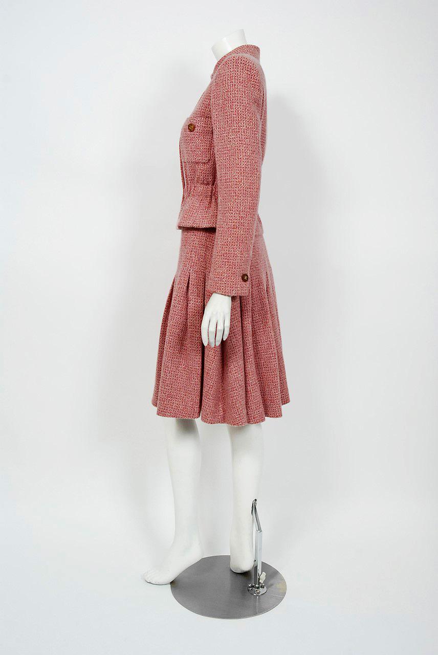 Brown 2001 Chanel Runway Blush-Pink Cashmere Wooden Buttons Pleated Skirt Jacket Suit