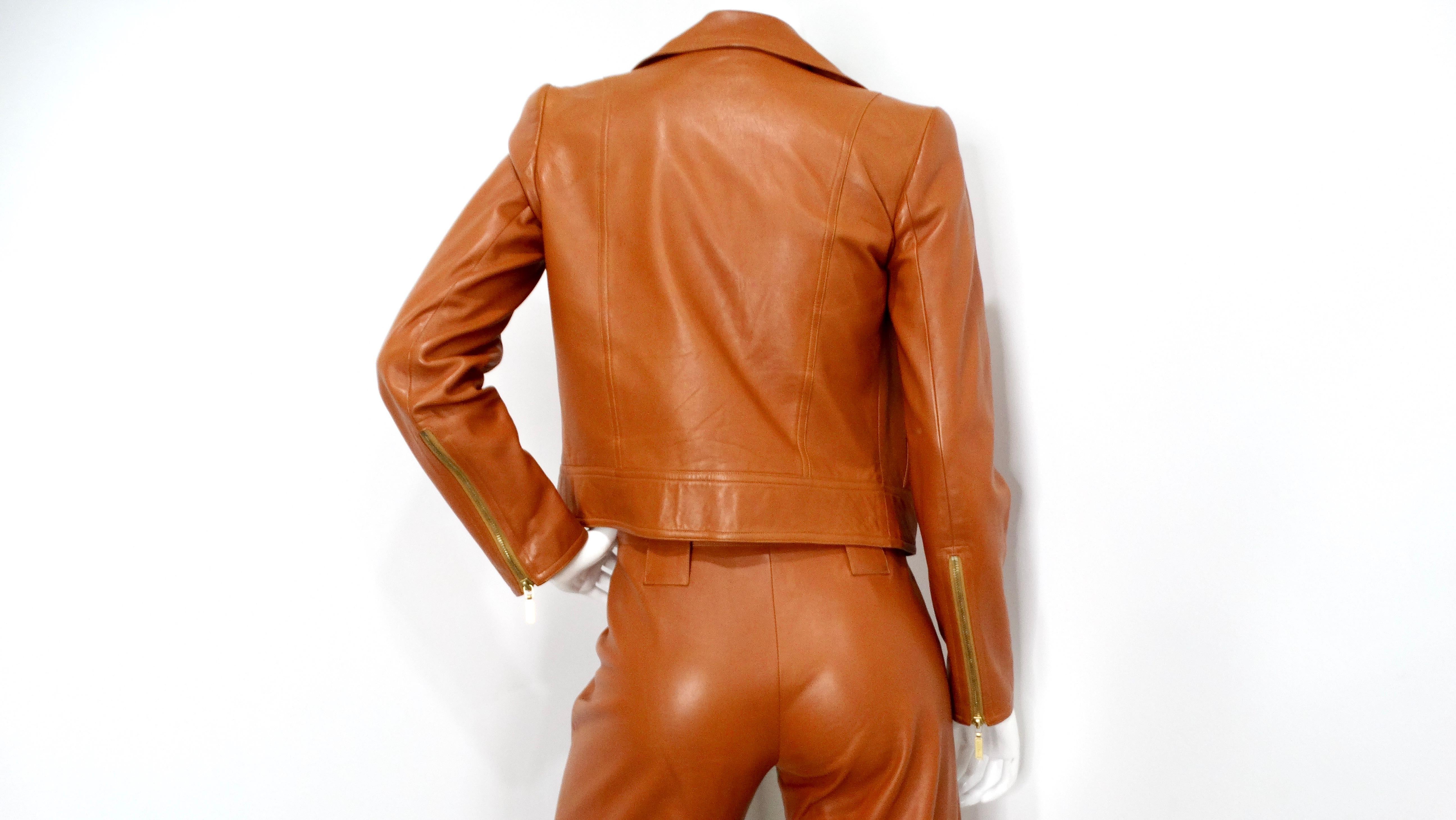 2001 Chanel Runway Set giacca e pantaloni in pelle di agnello marrone in vendita 3
