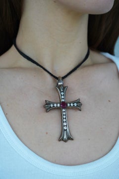 2001 Chrome Hearts Silver Ruby Diamond Cross Pendant Leather Necklace