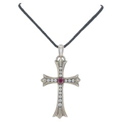 2001 Chrome Hearts Silver Ruby Diamond Cross Pendant Leather Necklace