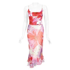 2001 Dolce & Gabbana Documented Floral Stretch Silk Boned Bustier & Ruffle Skirt