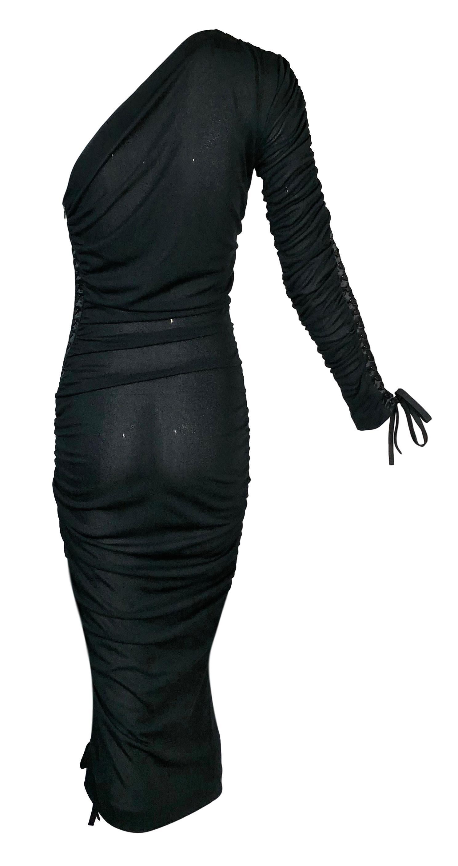 Women's 2001 Dolce & Gabbana Sheer Black Corset Ties One Arm Wiggle Dress