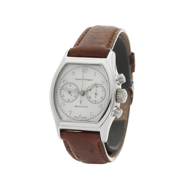Contemporary 2001 Girard Perregaux Richeville Chronograph White Gold Wristwatch
 *
 *Complete with: Box Only dated 2001
 *Case Size: 35mm by 45mm
 *Strap: Brown Leather
 *Age: 2001
 *Strap length: Adjustable up to 20cm. Please note we can order