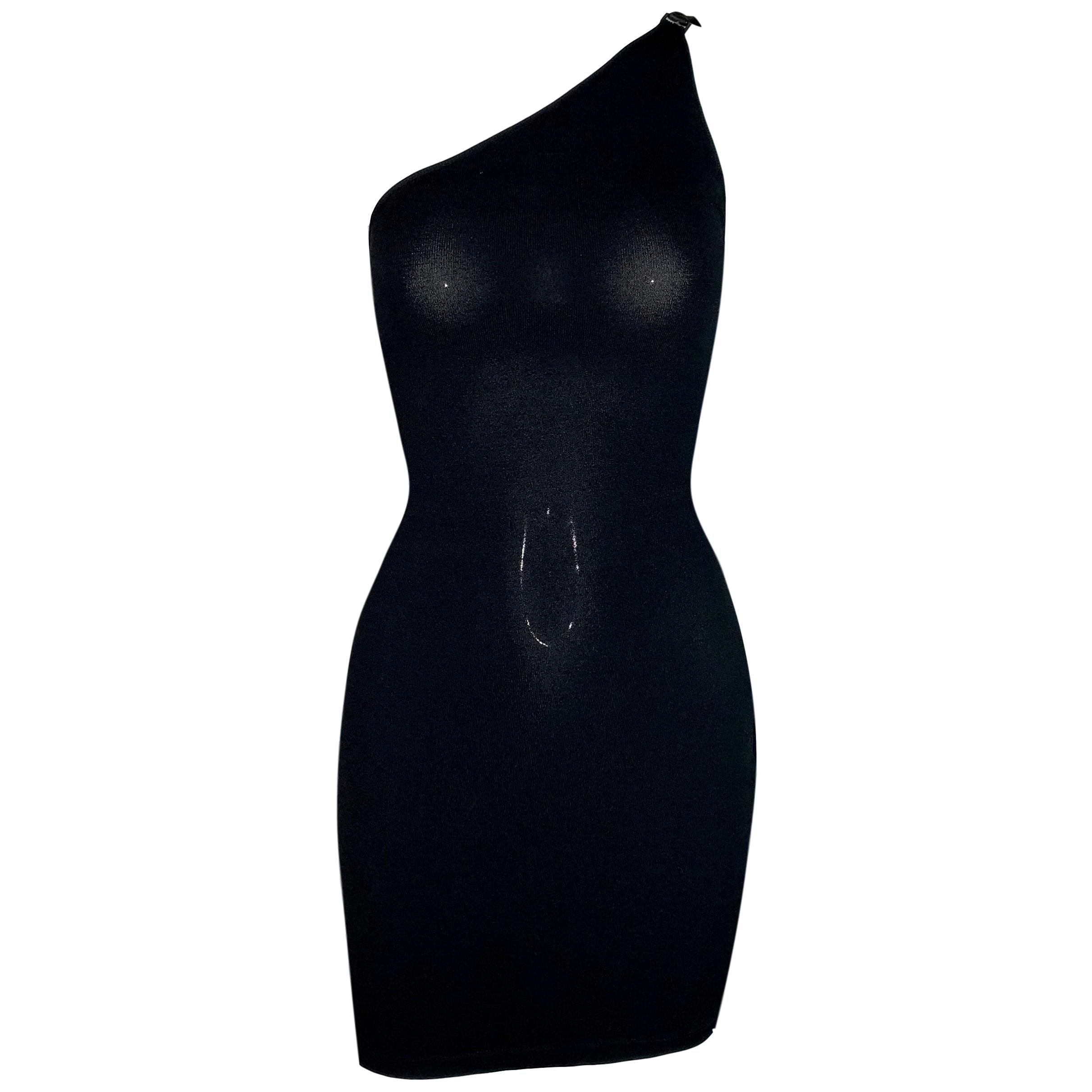 2001 Gucci by Tom Ford Black Knit Bodycon One Shoulder Leather Mini ...