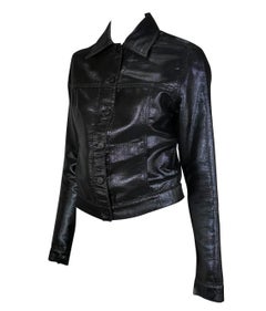 2001 Gucci by Tom Ford Navy Lurex Metallic Denim Trucker Logo Button Jacket